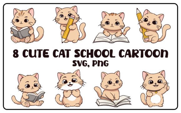 8 Cute Cat School Cartoon: Graphics for Crafts