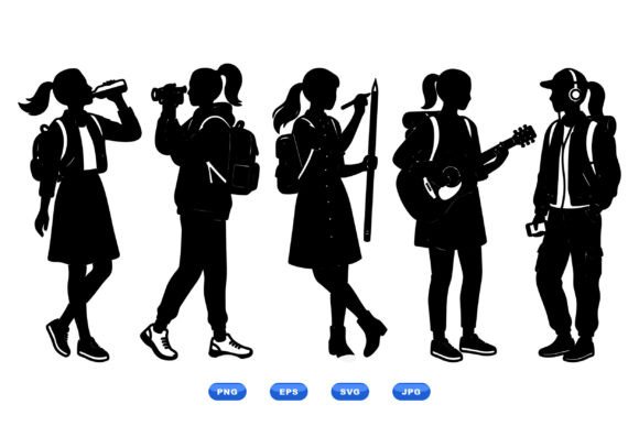 School Girls Silhouette Set: Graphics for Crafts