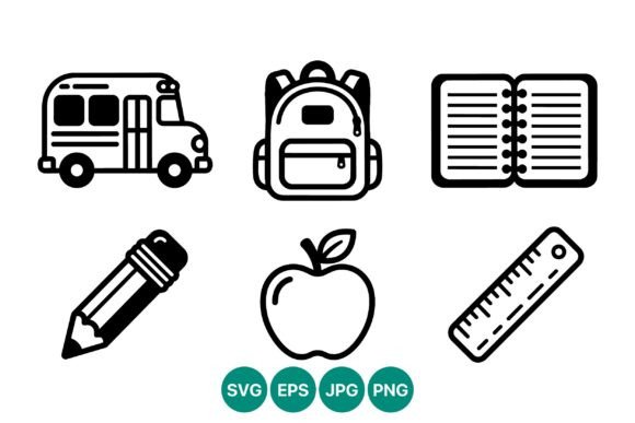 School Icons Black White Vector Set for Graphics and Crafts