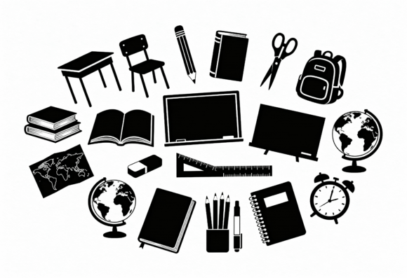 School Supplies Black Icons Vector: Graphics for Crafts
