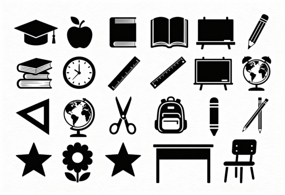School Supplies Icons Black and White Graphics for Crafts
